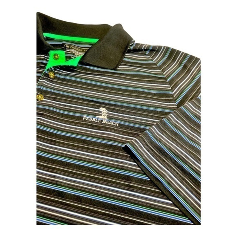 Pebble Beach Mens Golf Polo XL Black Blue Green Striped‎ Breathable Polyester